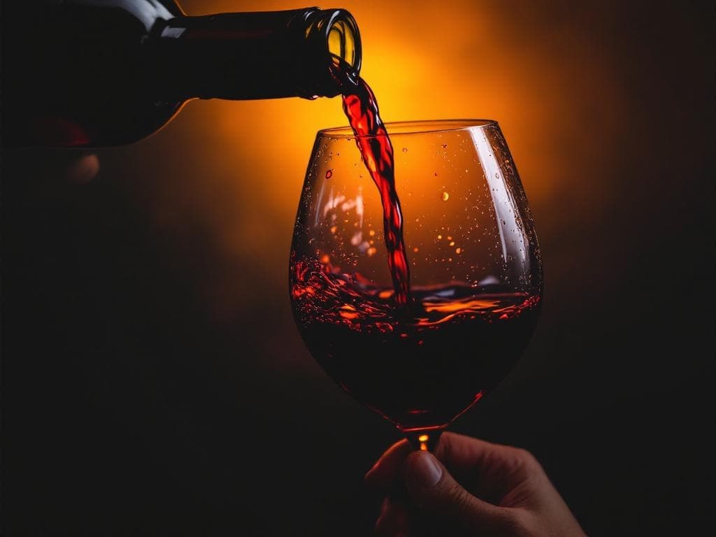 Red wine being poured into a tasting glass at warm amber light