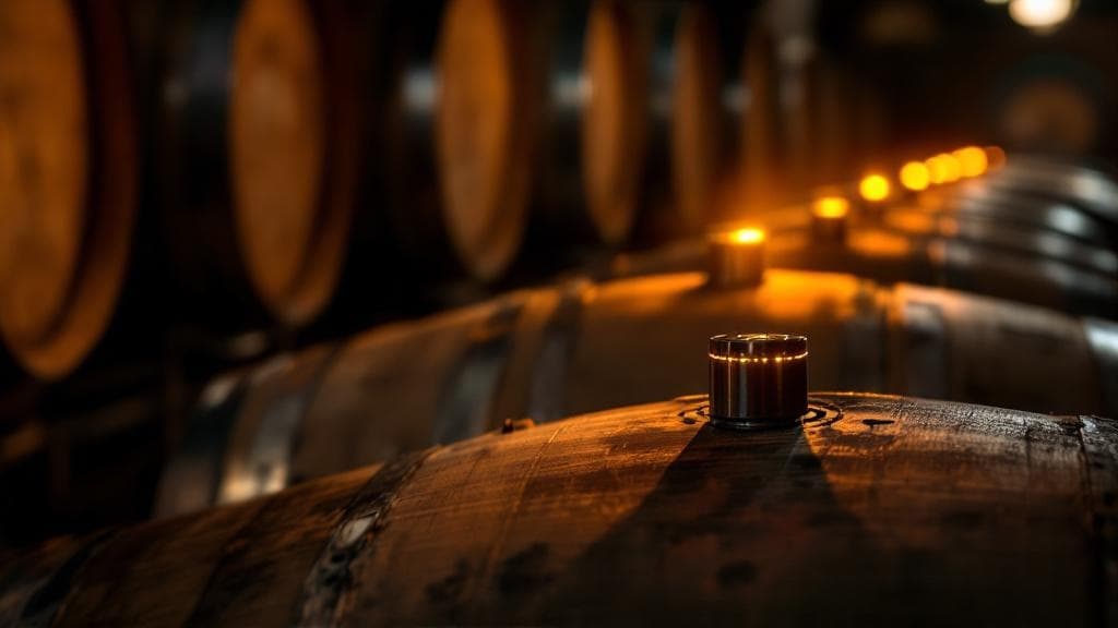 A row of oak barrels in a dim cellar with hints of sensor bungs in place