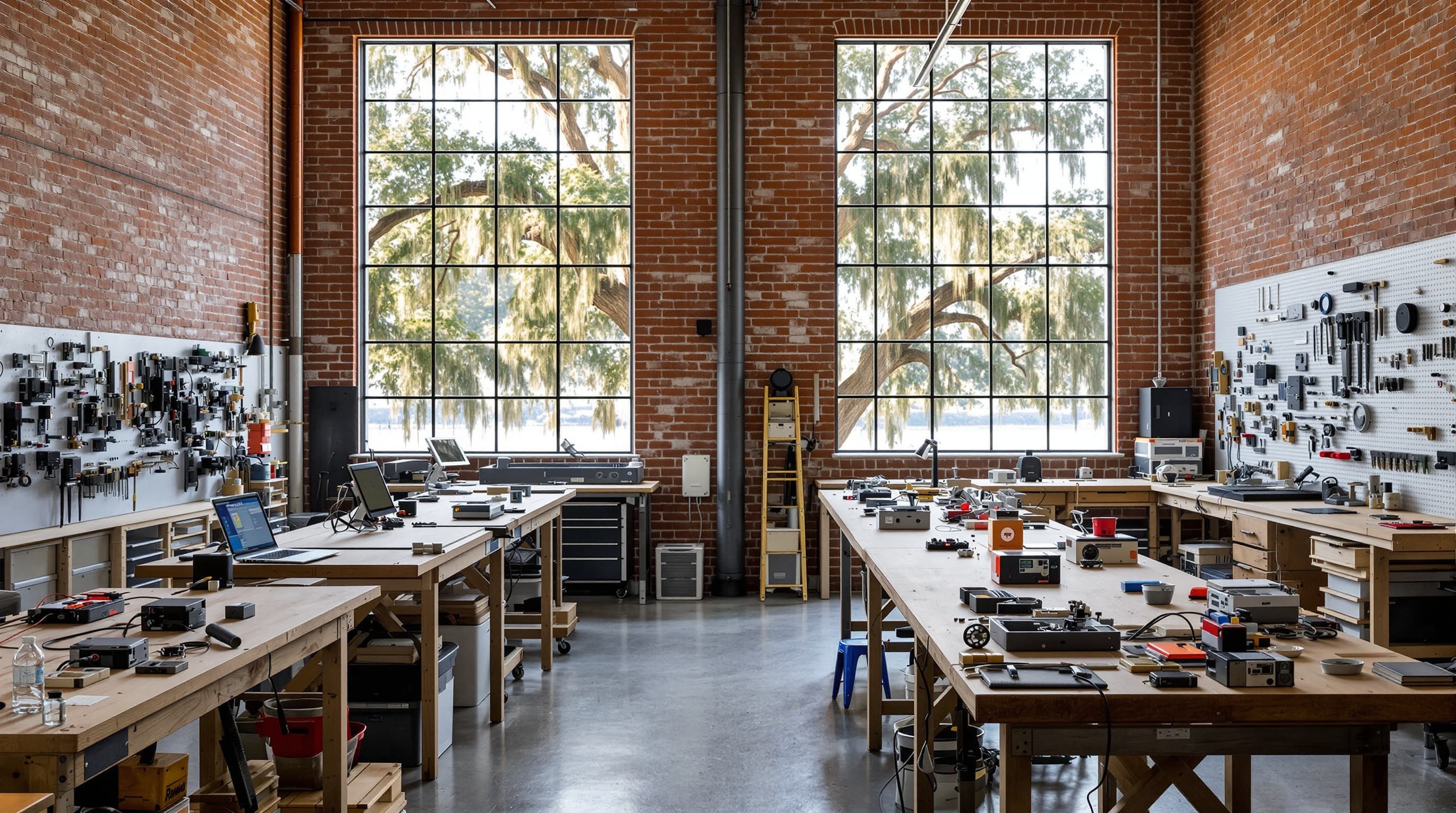 A workshop with benches, tools and tall windows