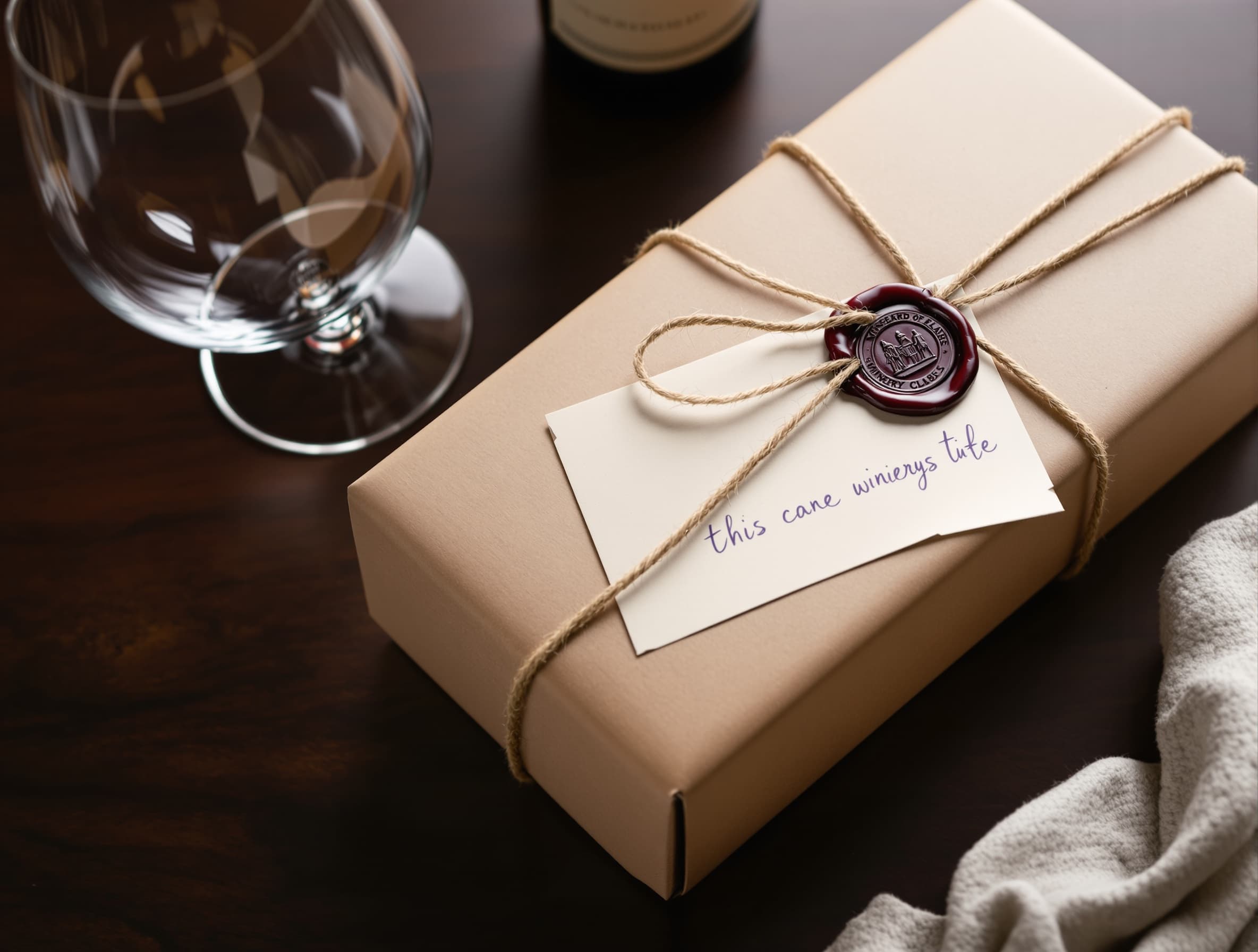 A kraft-paper wrapped club shipment with a wax seal on a walnut table