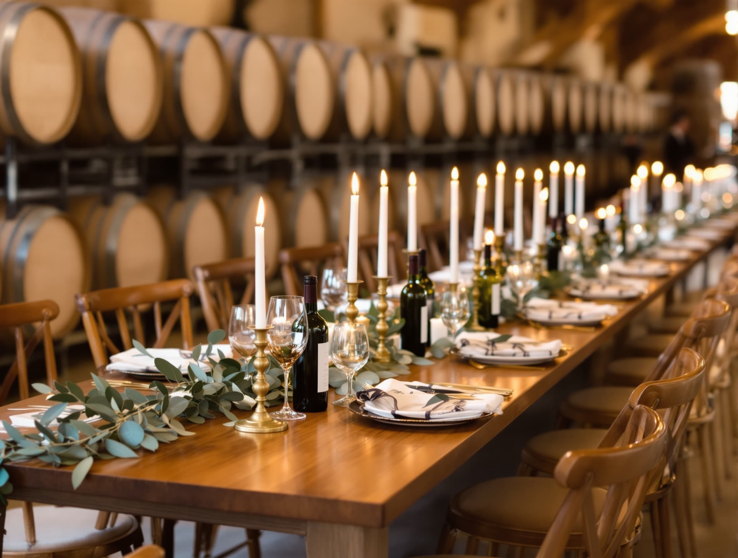 A candlelit dinner table set inside a barrel room