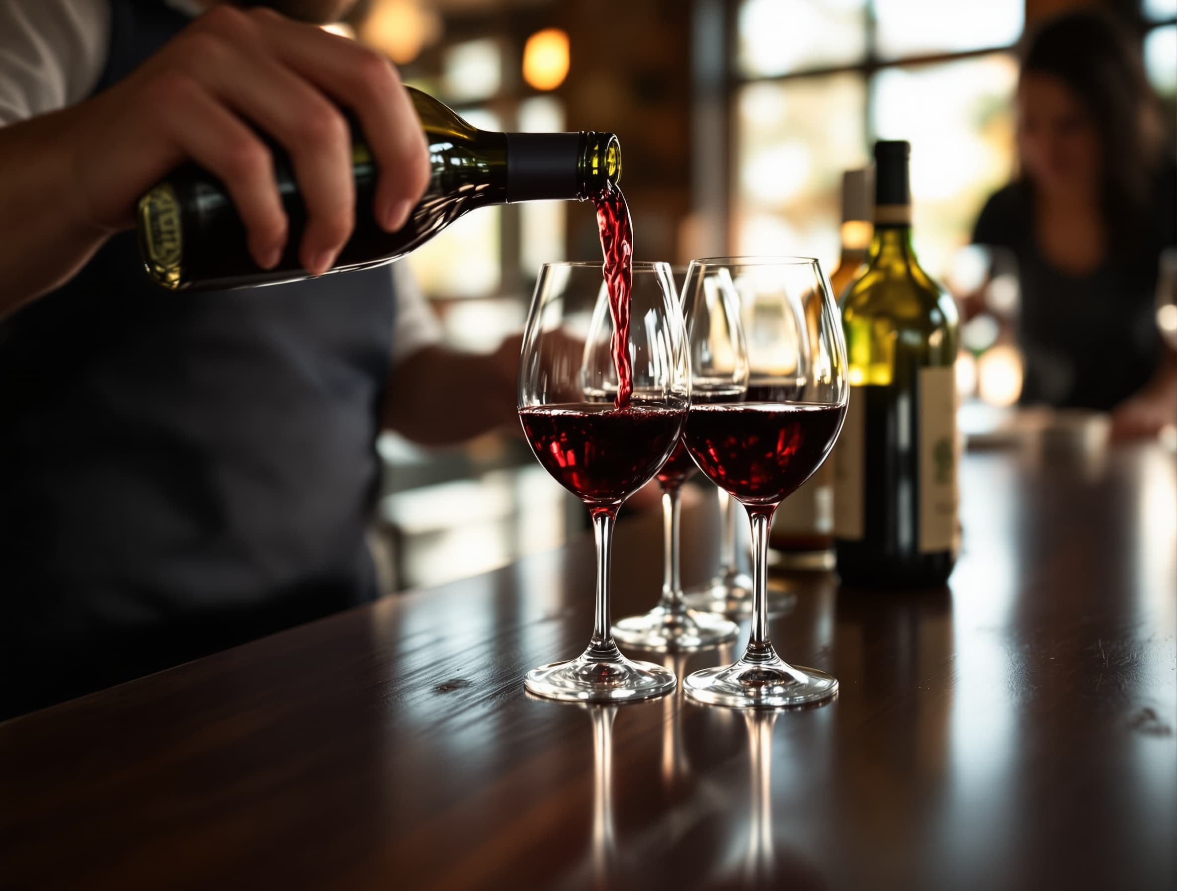 Red wine being poured into a row of glasses at a tasting bar