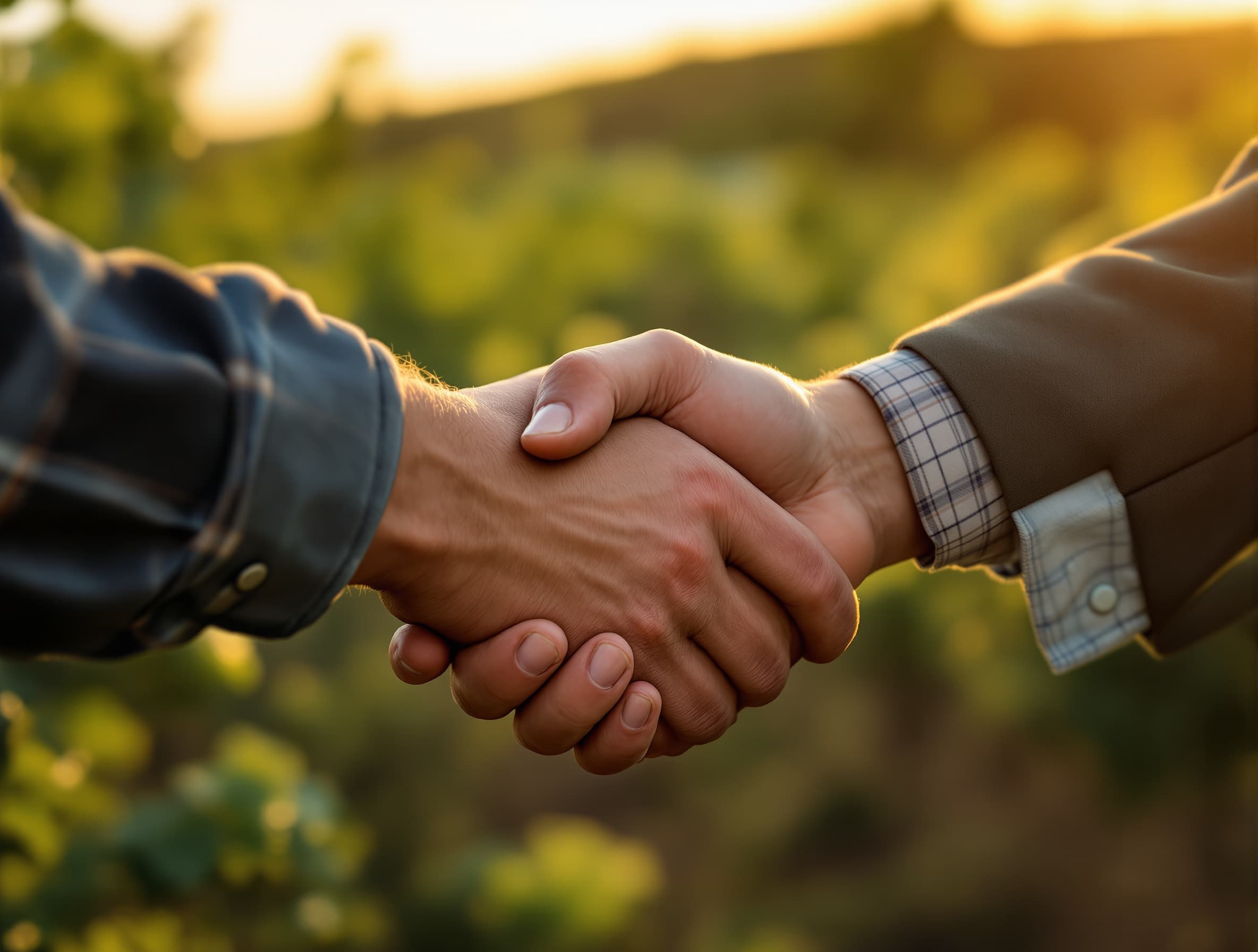 Two people shaking hands at the edge of a vineyard