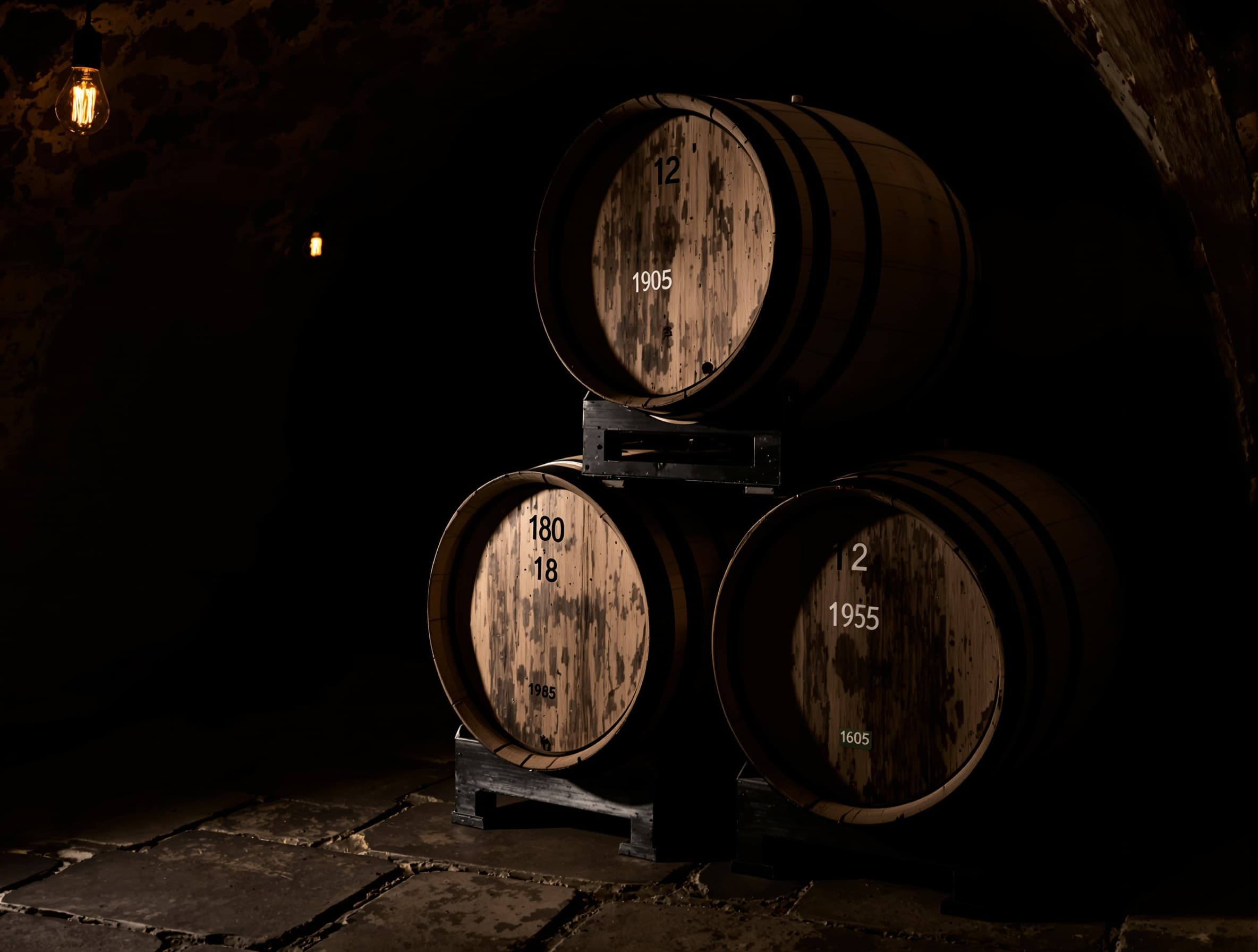 Three aged oak barrels stacked in a dark vaulted cellar