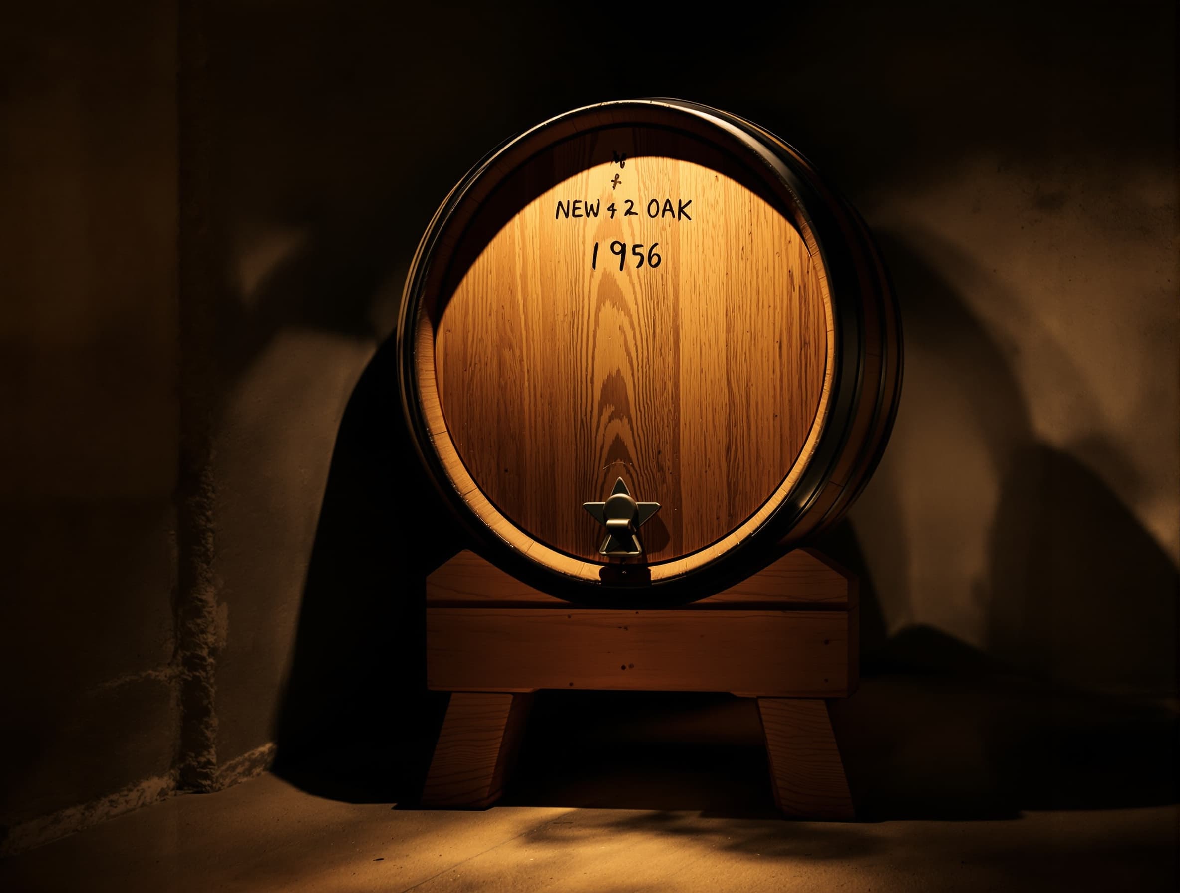 A single oak barrel lit warmly in a stone cellar alcove