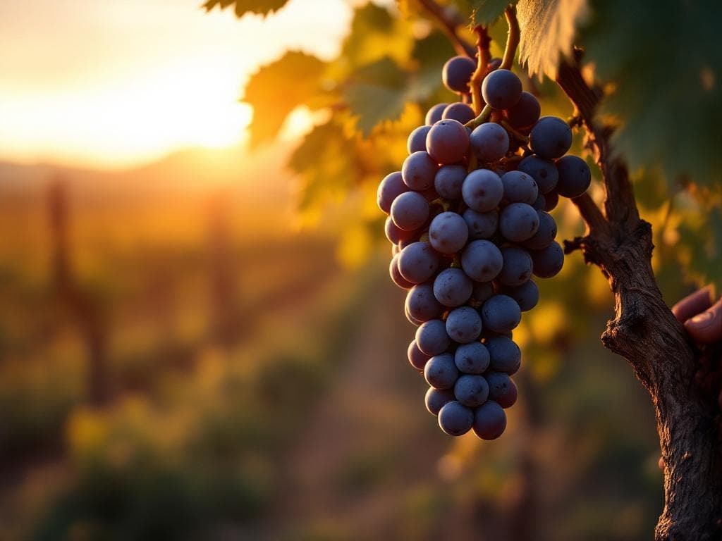 A single grape vine in focus at sunset