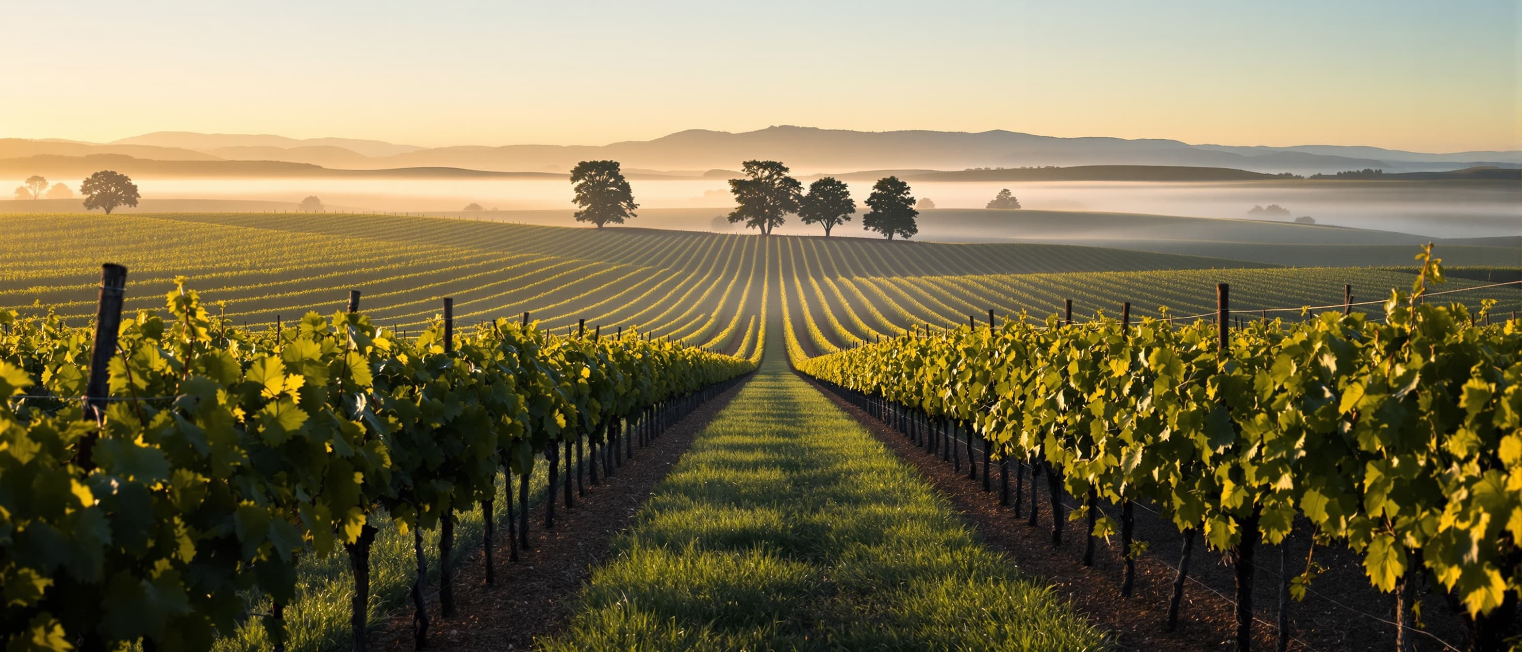 Vineyard rows running toward misted hills at sunrise