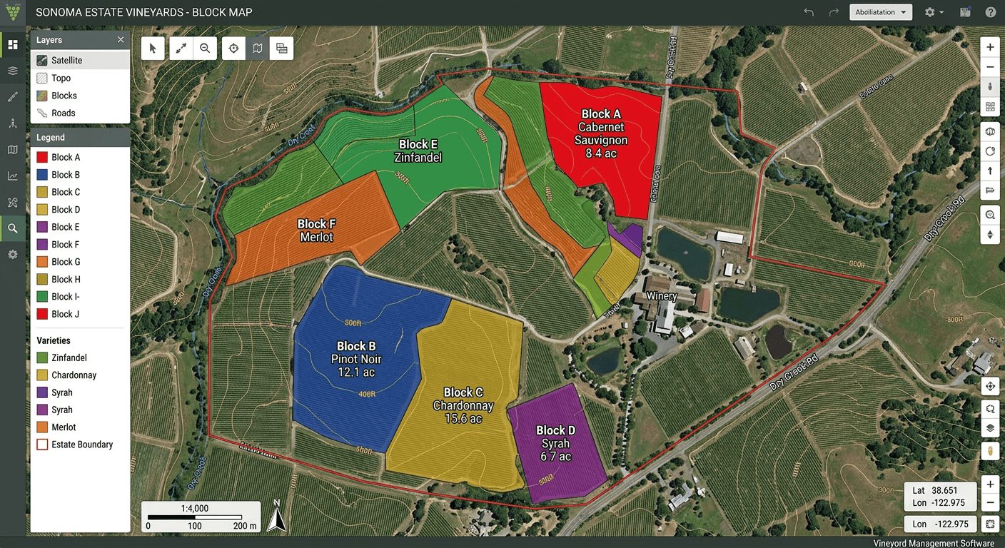 Vineyard block map with GIS overlay