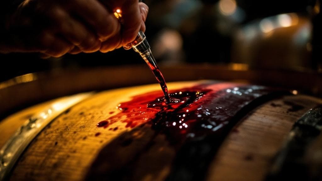 A winemaker drawing a barrel sample with a wine thief